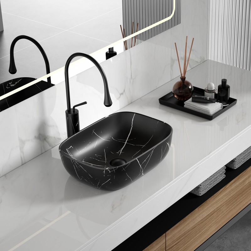 Порцеланов умивалник за плот 887MB MARBLE, матово черно с мраморен ефект