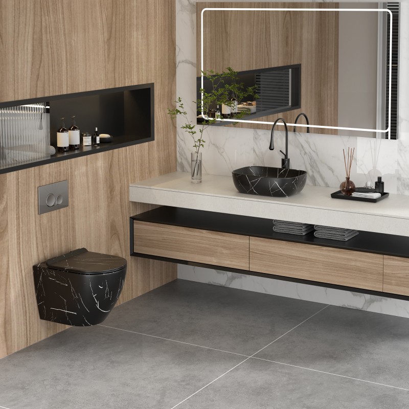 Порцеланов умивалник за плот 887MB MARBLE, матово черно с мраморен ефект