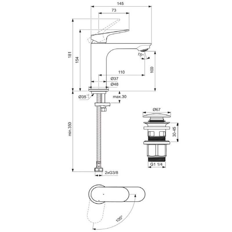 Черен матов смесител за умивалник с клик сифон Ideal Standard