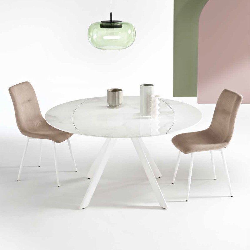 ROUND WHITE - Разтегателна маса от синтерован камък с мраморен ефект